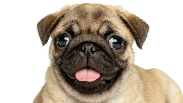 Cute fawn pug puppy smiling broadly with tongue out, happy and playful expression