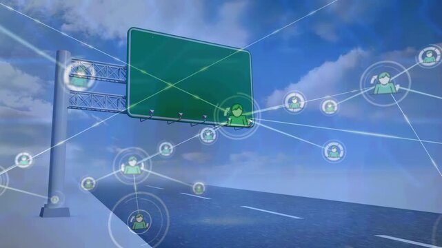 Animation of network of connections with icons over green road sign