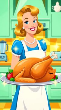 Woman in kitchen holding roasted turkey cartoon illustration for holiday
