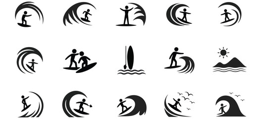 Obraz premium Dynamic Surf Icon Set, Ocean Adventure Vector Collection, Coastal Lifestyle Symbols, Surfing Elements and Wave Icons for Beach Design, Summer Sport Graphics Isolated on White