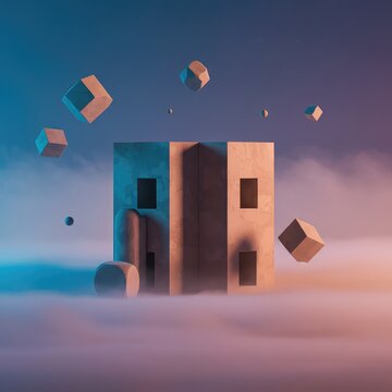 Abstract digital background featuring impossible architecture and floating geometric solids under a hazy, colorful sky, abstract, vibrant, environment