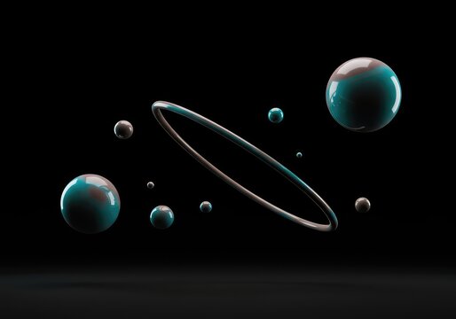 Abstract representation of objects floating freely in a dark void, showing a complete lack of gravitational pull, technology, future, freefall