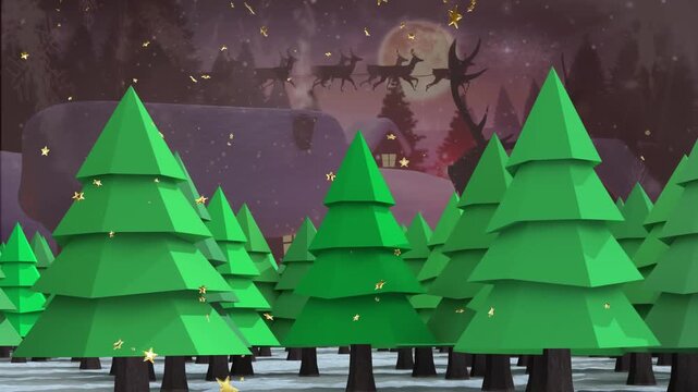 Animation of snow falling over moving trees on black background