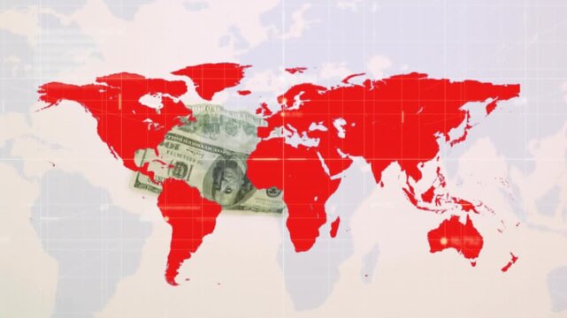 Animation of data processing over world map and us dollar bill falling against pink background