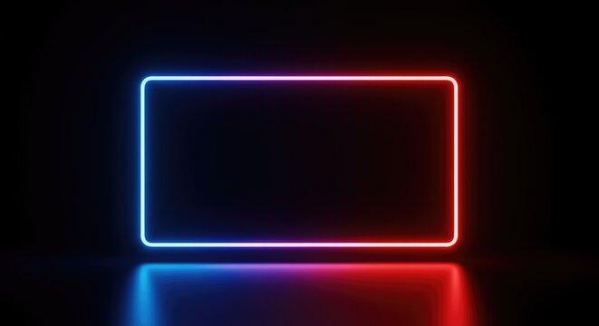 An intensely bright empty neon rectangle provides a luminous abstract frame in darkness, representing modern technology and display space, futuristic, effect, wallpaper
