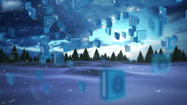 Animation of icons and snow falling over winter landscape