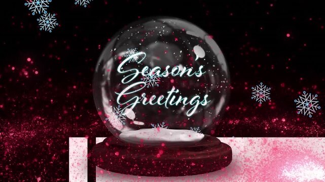 Animation of snow and light spots over snow globe with seasons greetings text on black background
