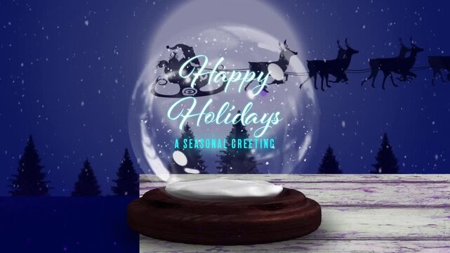 Animation of light spots over snow globe with happy holidays text and winter landscape
