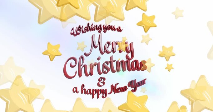 Animation of stars over wishing you a merry christmas and a happy new year text on white background