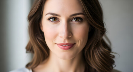 Fototapeta premium A woman with brown hair and a warm smile is looking directly at the camera.