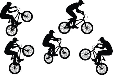 Naklejka premium Black silhouette BMX riders performing freestyle stunts, dynamic extreme sports poses, jumping, wheelies, acrobatic tricks, youth culture vector illustration collection