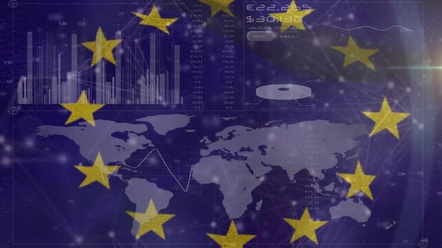 Animation of flag of eu over data processing and world map