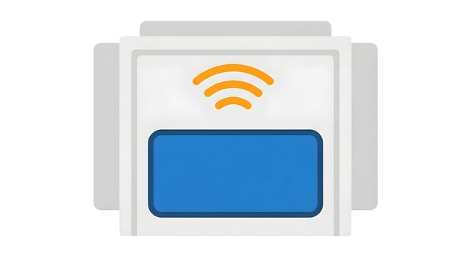 alt color minimalist icon of an industrial RFID reader with rectangular scan-pad shape simple signal arcs clean edges cobalt blue orange and light gray modern functional flat lighting