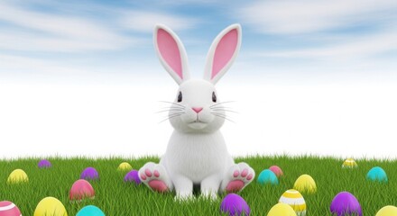 Fototapeta premium A white bunny with pink ears sits in a field of colorful easter eggs
