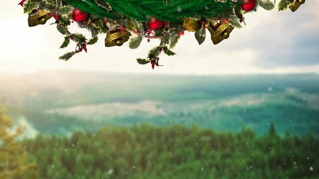 Animation of snow falling over christmas tree and decorations in winter scenery