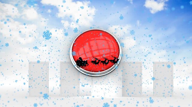 Animation of santa claus in sleigh being pulled by reindeers against red button and doors in sky