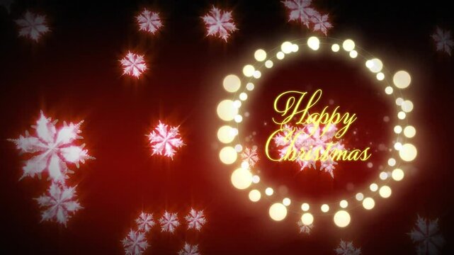 Animation of snowflakes floating over happy christmas text over fairy light banner on red background