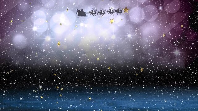 Animation of stars and snow falling over santa claus in sleigh with reindeer on black background