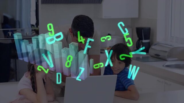 Animation of data processing over caucasian father, daughter and son using laptop at home