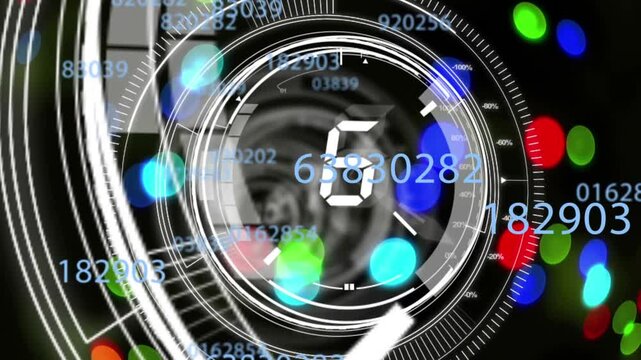 Animation of countdown over round scanner in seamless pattern against colorful spots of light