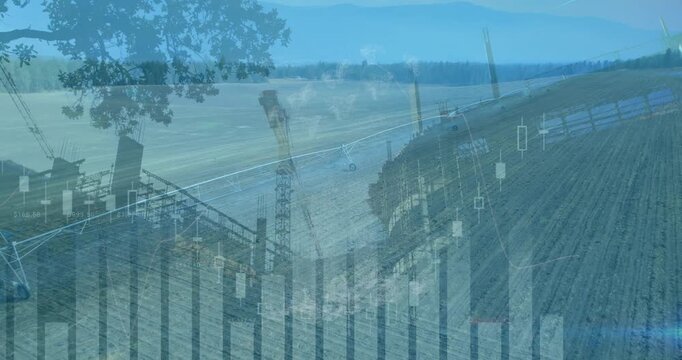 Animation of statistical data processing over construction site against aerial view of sea