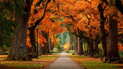 Fototapeta premium Autumn Pathway Lined with Vibrant Orange and Red Trees in Forest