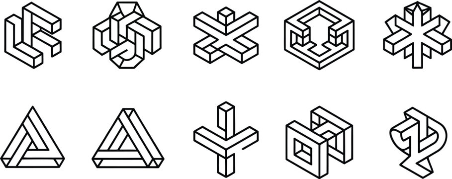 Abstract 3d geometric shapes with isometric illusion, cube arrow symbol design, modern vector graphics, logistics business icon, finance construction technology branding concept.