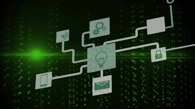 Animation of flowchart of icons and illuminated binary codes against black background