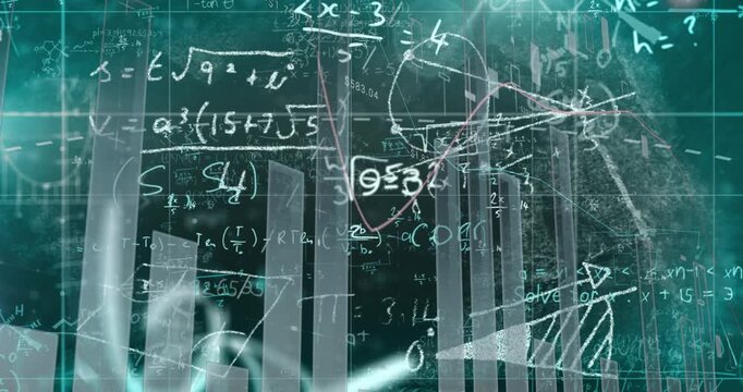 Animation of statistical data processing and mathematical equations against green background