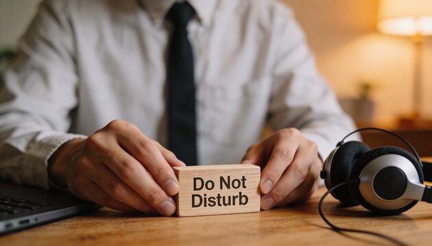 Man in white shirt, dark tie holding Do Not Disturb block at desk with laptop, headphones