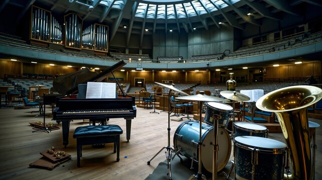 A large room with a piano drums trombones and other musical instruments