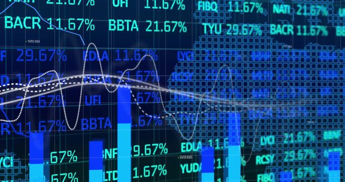 Animation of wave pattern, graphs and map over trading board against abstract background