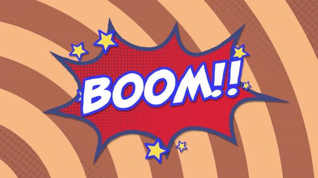 Animation of boom text over retro speech bubble and circles in seamless pattern on pink background