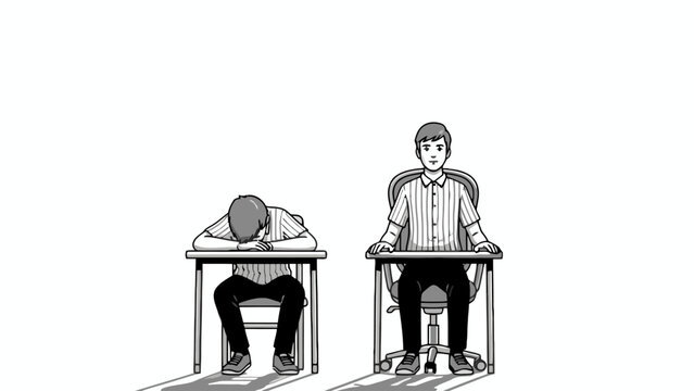 Student sleeping on desk beside alert classmate illustration