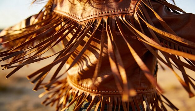 Swinging brown leather fringe jacket catching golden sun at sandy field, casting stitched shadows