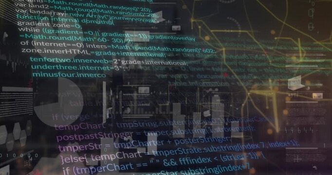 Animation of statistical data processing and yellow light trails against aerial view of cityscape