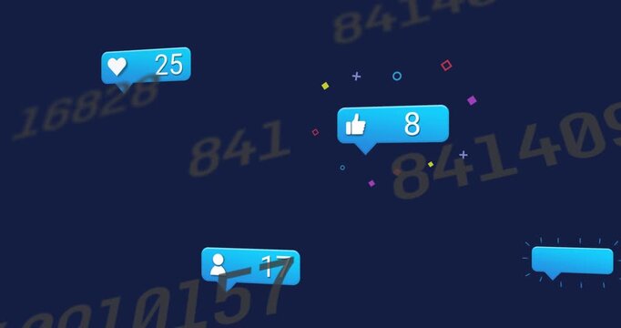 Animation of multiple changing numbers and social media icons floating against blue background
