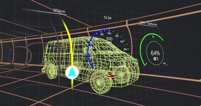 Animation of arrow on navigation pattern, numbers in circle and speedometer over 3d model of van