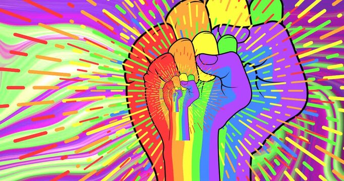 Animation of lines over cropped hands with fists over abstract pattern in background