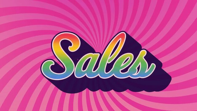 Animation of sales text banner against radial rays in seamless pattern on pink background
