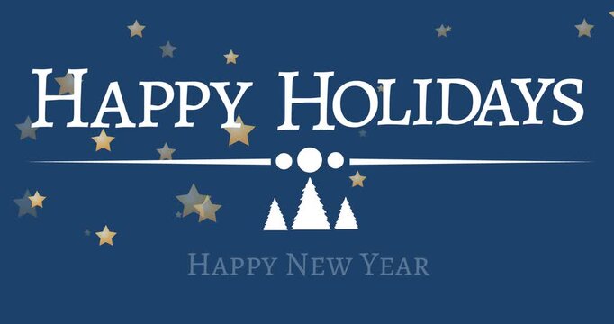 Animation of trees, circles and happy holiday text with stars over blue background