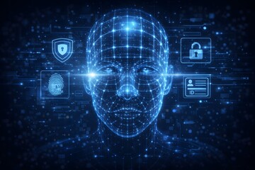 Fototapeta premium Digital human face with glowing blue biometric security icons and futuristic technology background