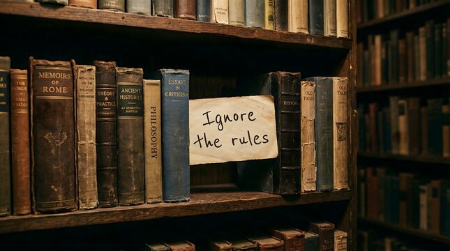 Bookshelf with "Ignore the rules" note among old books showing handwritten affirmation aesthetic photography for authentic self-expression and breaking limiting norms in intellectual spaces