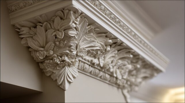 Elaborate white architectural corbel features intricate floral carvings under a detailed cornice molding.