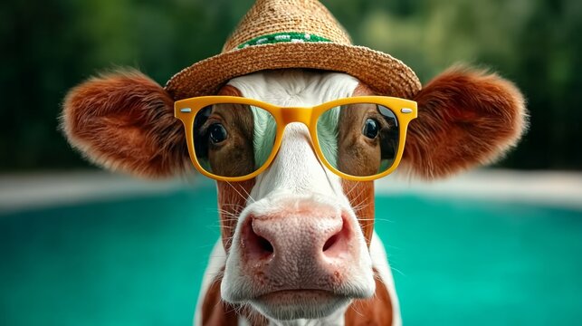 Cow wearing yellow sunglasses and a straw hat, standing in front of a blue pool with blurred greenery in the background, showcasing a playful and humorous scene