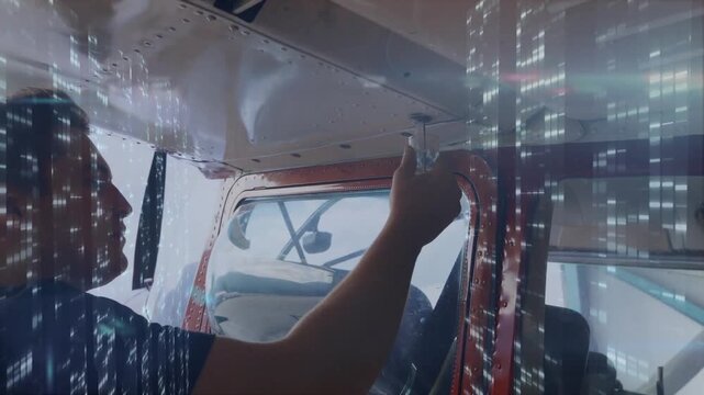 Man lifting vial against daylight in airplane cabin and examining sample clarity with gauge overlay