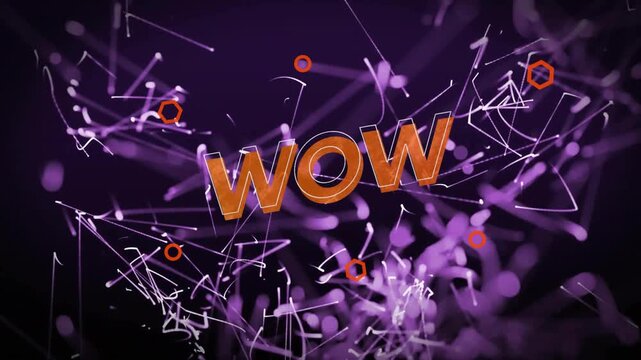 Purple filaments forming, orange 3D WOW lettering materializing and particles pulsing for branding