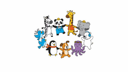 Obraz premium Diverse cartoon animals holding hands in a circle on white background