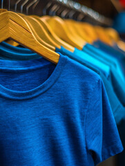 Obraz premium blue shirts hang evenly spaced on wooden hangers, forming a minimalist apparel arrangement with copy space for creative design. shirts, blue, assorted, wooden, hangers, clothing, fashion, apparel, 