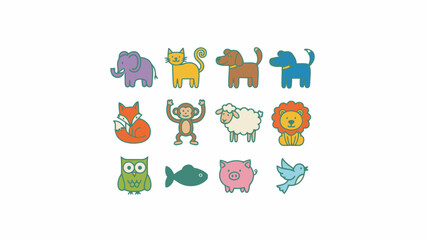 Fototapeta premium Cartoon Animal Icon Set with Elephant Cat Dog Monkey and Lion